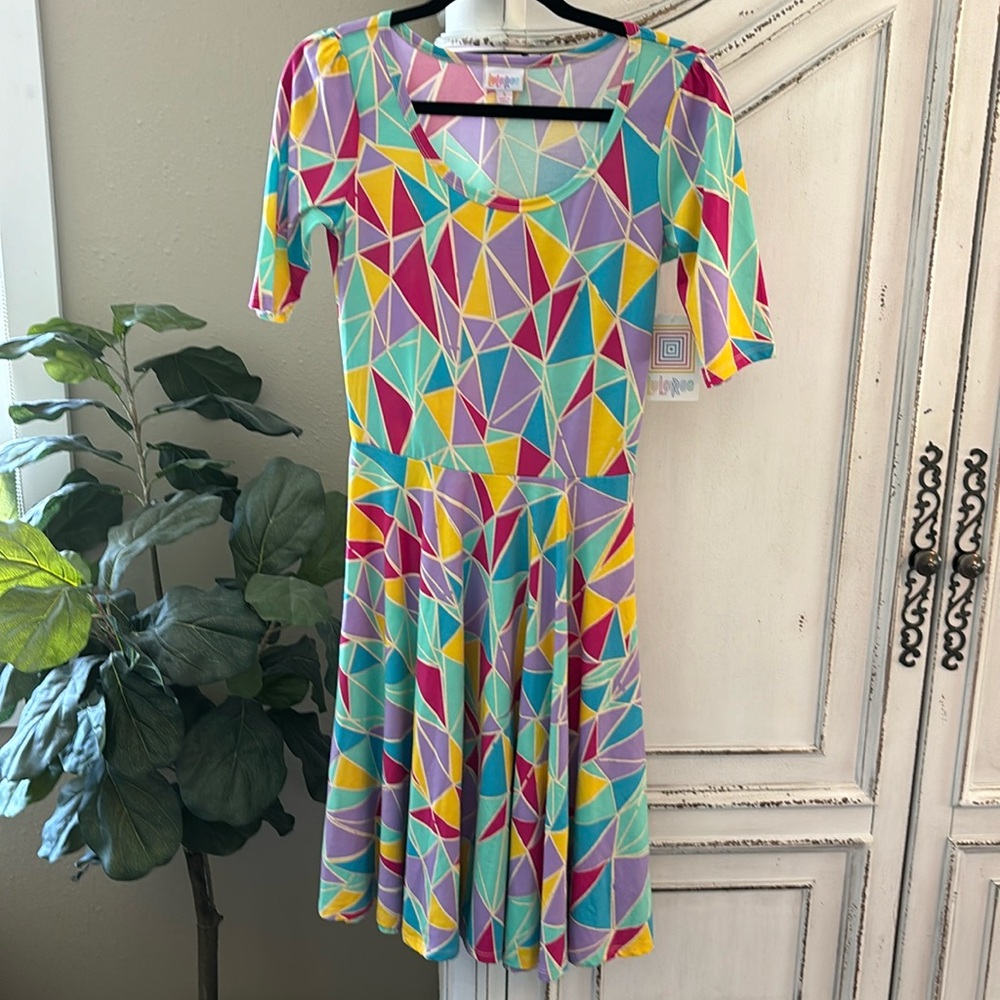 NWT LuLaRoe Nicole Multicolor Geometric Knee Length Dress, Women’s size Small
